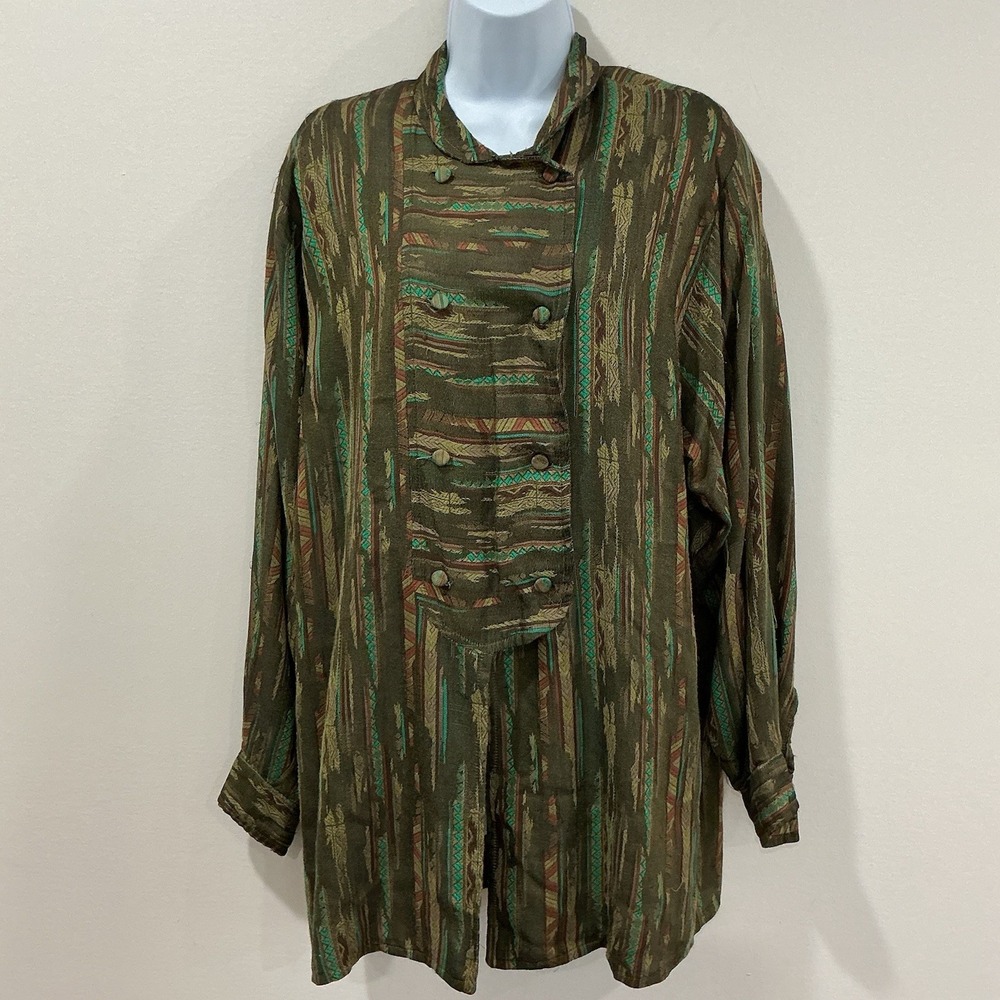 Vintage Faust Paris Tunic Blouse Women's Bib Front Long Sleeve Large Maximalist